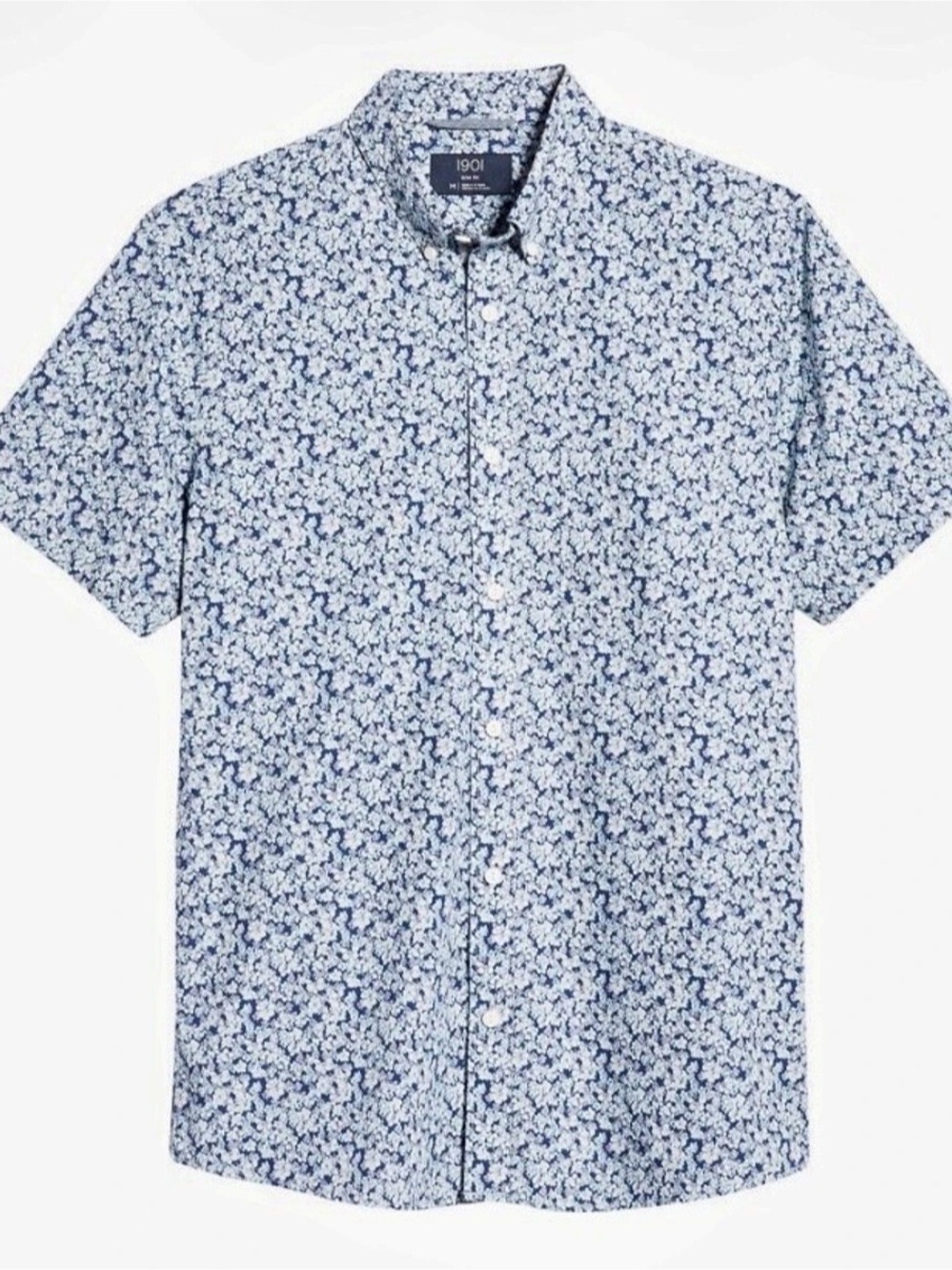 1901 Nordstrom Men’s XL Trim Fit 100% Cotton Blue Floral Short Sleeve Shirt